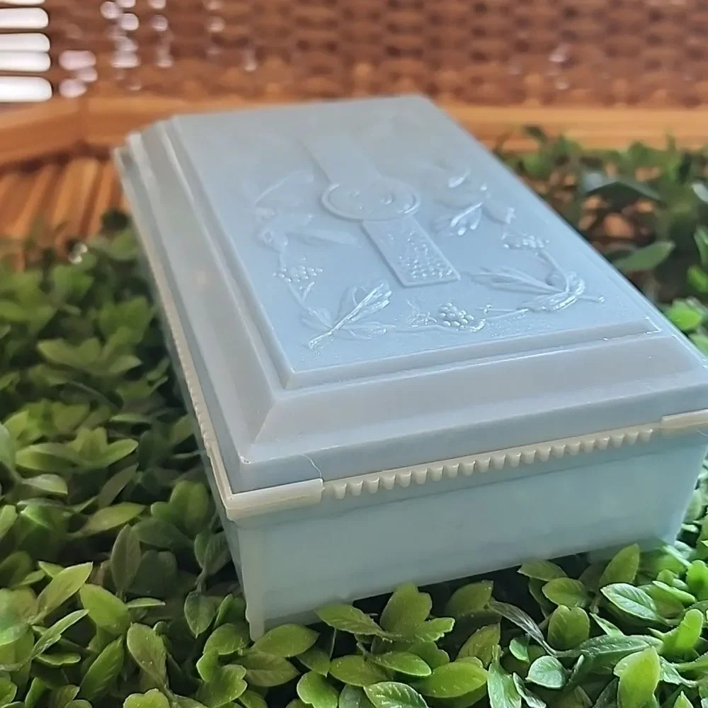 Vintage Rectangular Celluloid Lidded Vanity Table Box In Light Blue Coquette